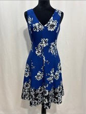 Kensie Royal Blue & White Floral V-Neck Midi Fit & Flare Dress party work trendy