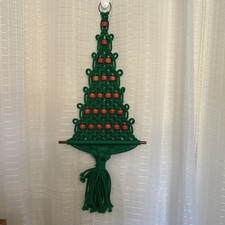 Vintage Macrame Christmas Tree Wall Hanging Boho 1970  s Green w/ Red Beads 30  