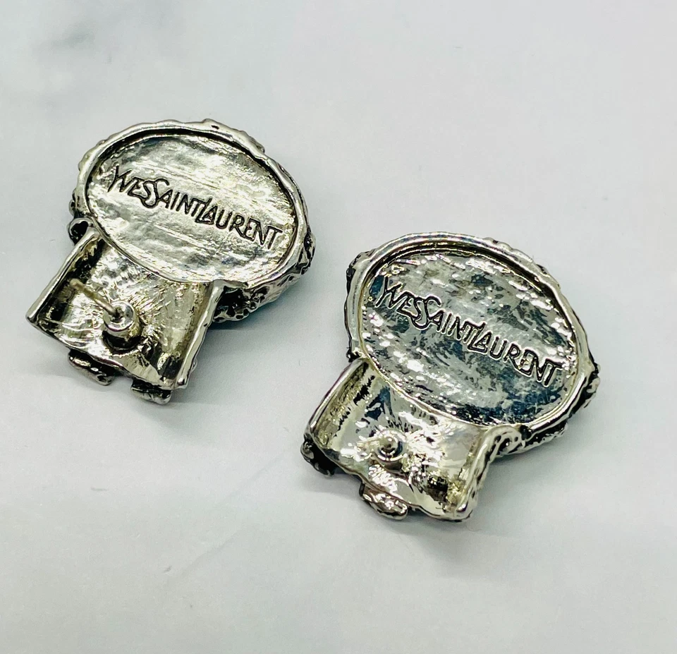 Auténticos Pendientes YSL YVES SAINT LAURENT PLATA PIEDRA VERDE AZULADO - Usados / LV5683 Foto 2 de 4