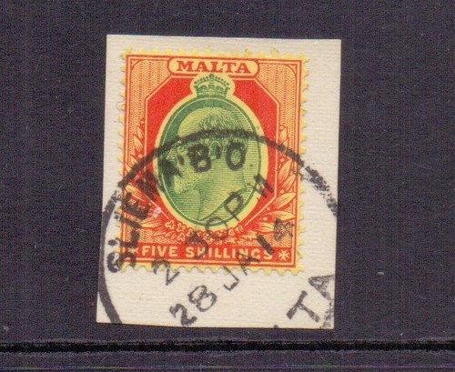MALTA 1911 EDVII 5/- GRÜN & ROT/GELB SG63 FEIN GEBRAUCHT AUF STÜCK KATZE £100