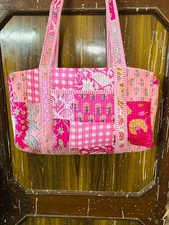 Pink Patch Quilted Duffle Tote Shoulder Bag Cotton Grocery Shopping Duffle Bag