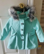 Cat & Jack Aqua/Mint Green Toddler Girl’s Winter Fur Trim Pea Coat 18M $50/NWT
