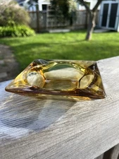 Vintage MCM  Amber Glass Cigar Ashtray Square Mid Century Modern Cigarette 5.75"