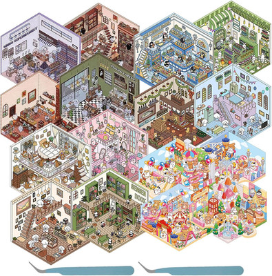 16Pcs DIY 3D House Stickers,3D Miniatur Haus Sticker,DIY-Aufkleber,Sticker Scene