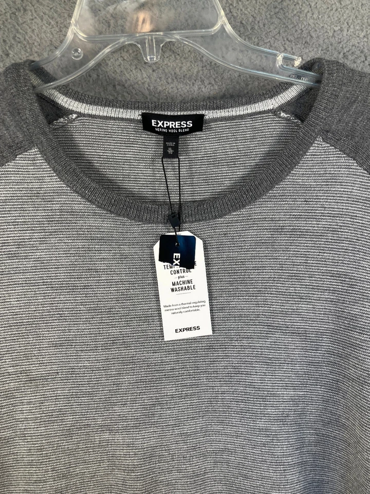 Express Sweater Men's XL Gray Merino Wool Blend Long Sleeve Lightweight - Image 2 of 4