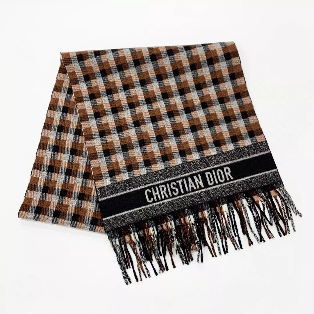 Authentique motif à carreaux Christian Dior 100% laine marron blanc noir 196 x 45,5 cm