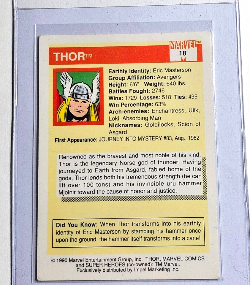 1990 Key Impel Marvel Universe Trading Card Set * Series 1 * GRAIL Thor #18 - Image 2 of 2
