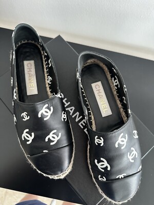 Chanel Black x White Leather CC All over icon Espadrilles 38