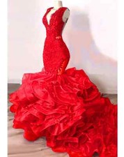 Luxury Royal Blue Mermaid Wedding Dresses Lace Beaded Ruffles Long Bridal Gowns