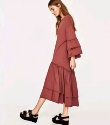 Abito donna Zara Trafaluc taglia M malva svasato manica arricciata oversize Lagenlook - Foto 3 di 8