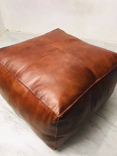 18X18 Boho Large Square Coffee Table Pouf in Distressed Brown Leather - Picture 7 of 7