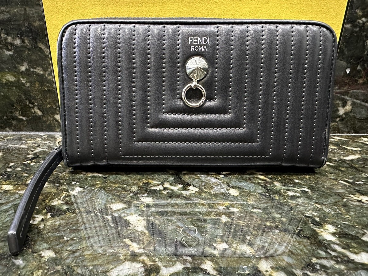FENDI ZIP AROUND WALLET VIT.CENTURY LUC.TRAPUNTATO NERO+PALLADIO 