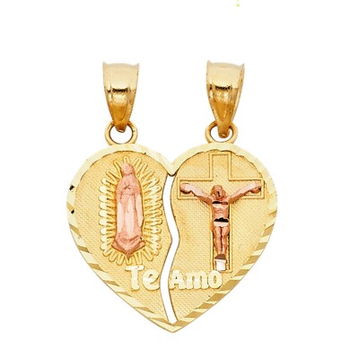14K Two Tone Gold  Religious Guadlupe Juses Broken Heart Pendant