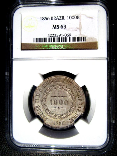 1856 Brazil 1000 Reis, NGC UNC MS 63, 069