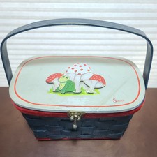 Vintage Susan Wooden Mushroom Topped Handcrafted Painted Basket Box Purse 1970's