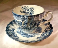 JOHNSON BROTHERS ENGLAND COACHING SCENES BLUE COFFEE TEA CUP & SAUCER SET!