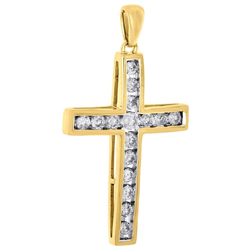 10K Yellow Gold Ladies Round Diamond Cross Pendant 1.3" Channel Set Charm 1/2 Ct - Picture 2 of 5