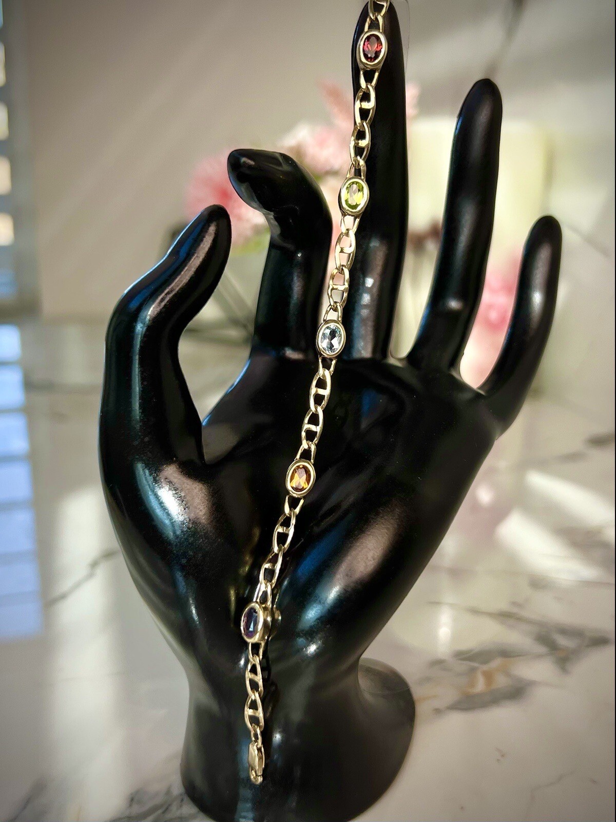 14k Solid Gold Vintage Jewelry Multi Gemstones Bracelet