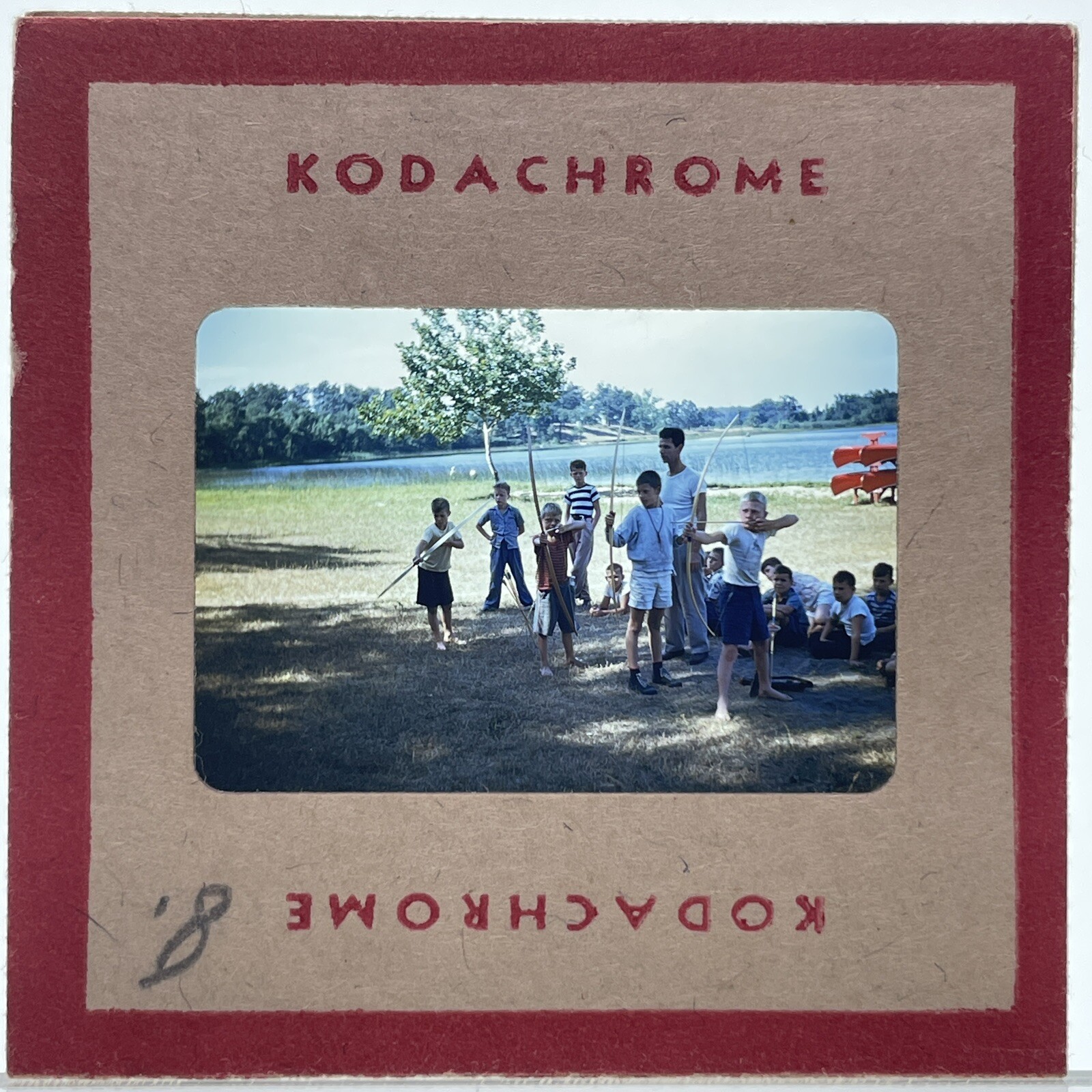 1940s Red Kodachrome 35mm Slide Boys Shoot Bow and Arrows Archery