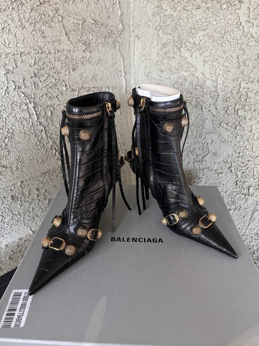 NIB $1895 Balenciaga Runway Cagole Crocodile Leather Boots Black