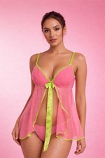 Victoria  s Secret Pink Sheer Mesh Babydoll Lingerie Size M/6 Satin Ribbon