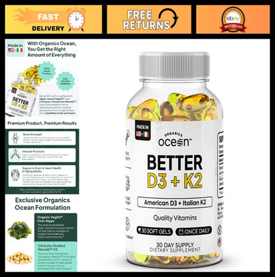 Organic Vitamin D3 + K2 Supplements - Boost Bone Density, Immunity & Mood - 30-D