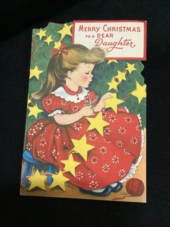 Christmas Die Cut Girl Cutting Stars greeting card Vintage antique 1950s