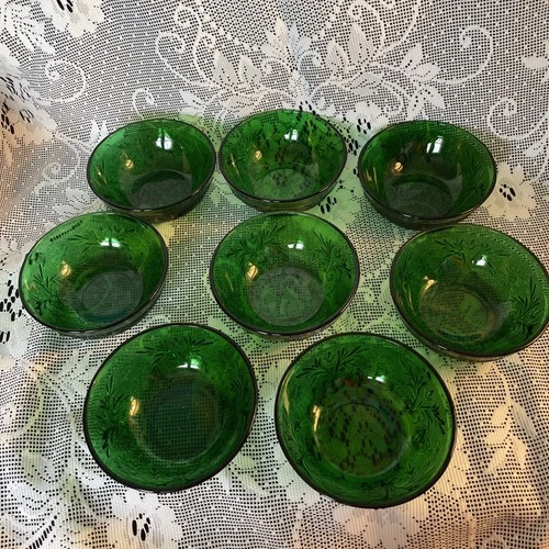 Set Of 8 Vintage Anchor Hocking Forest Green Sandwich Oatmeal Glass Fruit Bowls