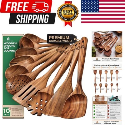 Wooden Spoons for Cooking   10 Pcs Teak Wood Utensil Set, Durable, Nonstick S...