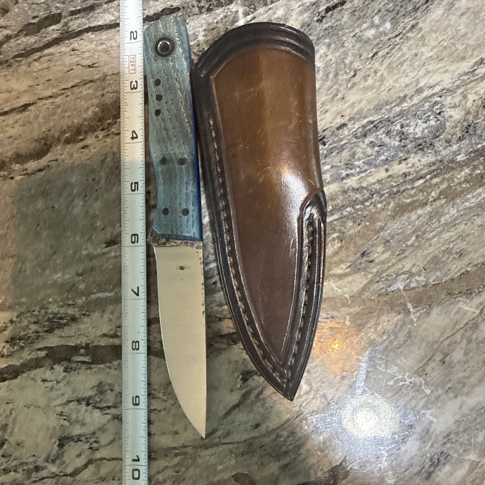 Fiddleback Forge Sneaky Pete by Andy Roy .8”A2 Blade, Full Blue With Sheath ￼