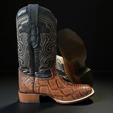 Brown Python Skin Cowboy Boots. Square Toe Snake Leather Boots. Bota De Piton.