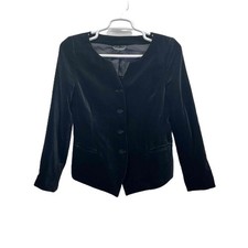Laura Ashley NWOT Vintage Black Velvet Fitted Button Up Collarless Jacket Sz 12
