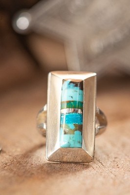 Turquoise Old USA Mines. Sterling Silver Inlay Ring Size 3.75. Bell Turquoise!