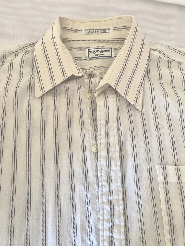 RARE Vtg 1980s YSL Men’s  Blk N Cream Striped Button Dress Shirt LARGE 32”-33” - Image 2 of 4