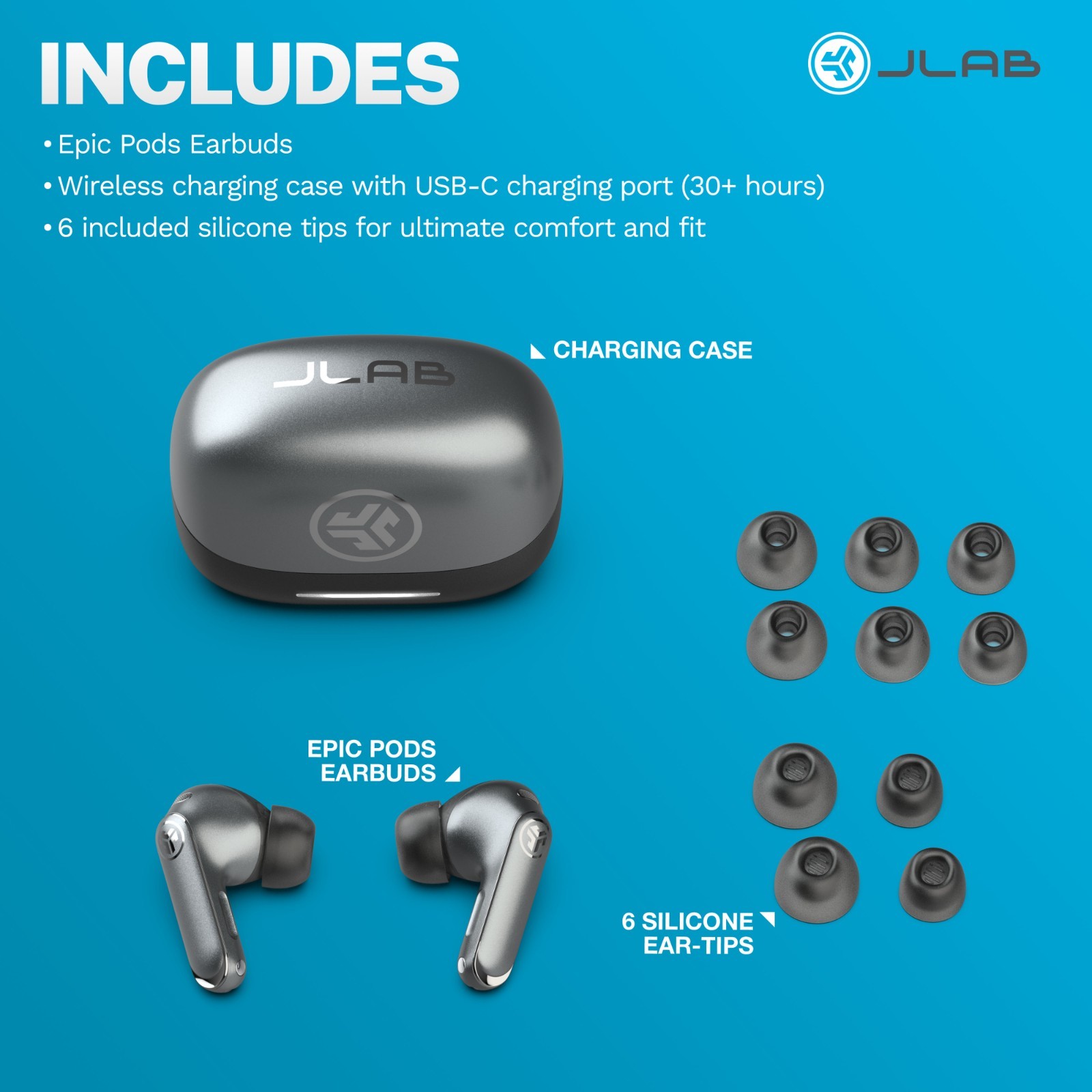 JLab Epic Pods ANC True Wireless Earbuds Black, Hi-Res Audio