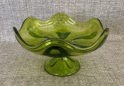 Vintage Viking Glass Green Epic Line Six Petal Compote Pedestal Bowl MCM