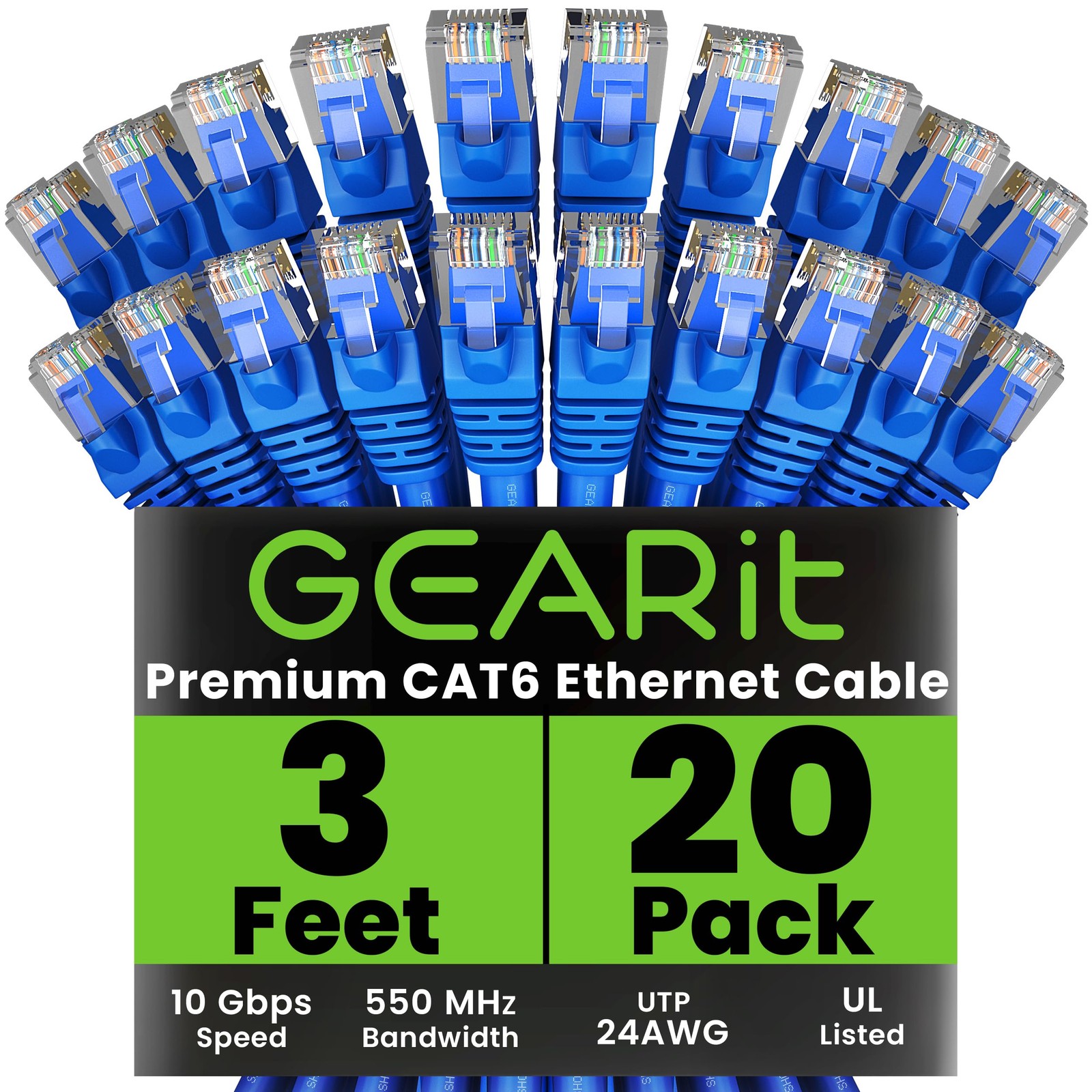 Cat 6 Ethernet Cable (20-Pack 3 Feet) Cat6 Network Patch, 10Gbps, RJ45, Snagl...