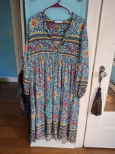 R. Vivimos BOHO Peasant Dress Wom Sz L Turquoise FLORAL LONG SLEEVE RETRO TASSEL