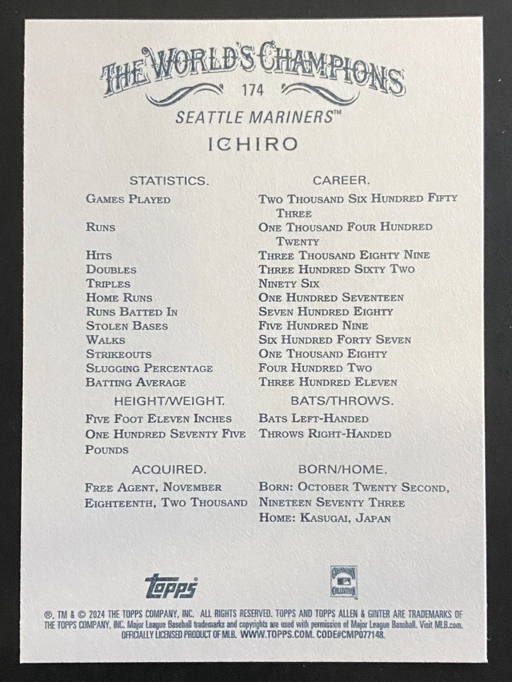 Ichiro 2024 Topps Allen & Ginter X Baseball Seattle Mariners #174 - Image 2 of 2