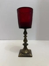 Vintage Hollywood Regency Brass And Red Glass Candle Holder
