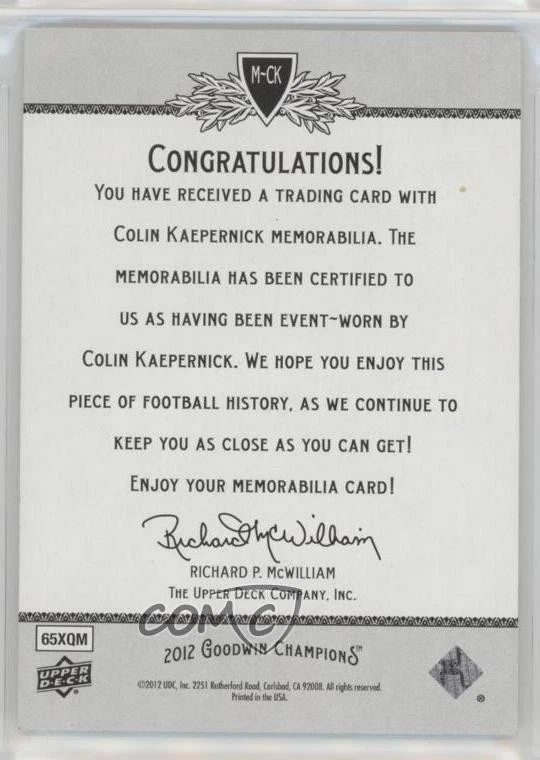 2012 Upper Deck Goodwin Champions Authentic Memorabilia Colin Kaepernick #M-CK - Image 2 of 2