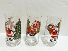 Vtg Luminarc  1992 "Santa w/Sleigh &Tree 16oz Tumbler Set of 3 Excellent Cond.