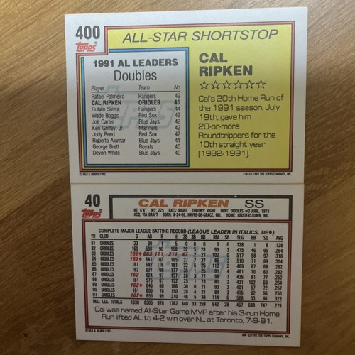 1992 Topps - Cal Ripken #40 y #400 All Star Set - Baltimore Orioles Salón de la fama - Imagen 2 de 2