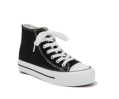 Womens High Platform Sports Shoes White Black Canvas Heel Classic Trainers Shoes UK