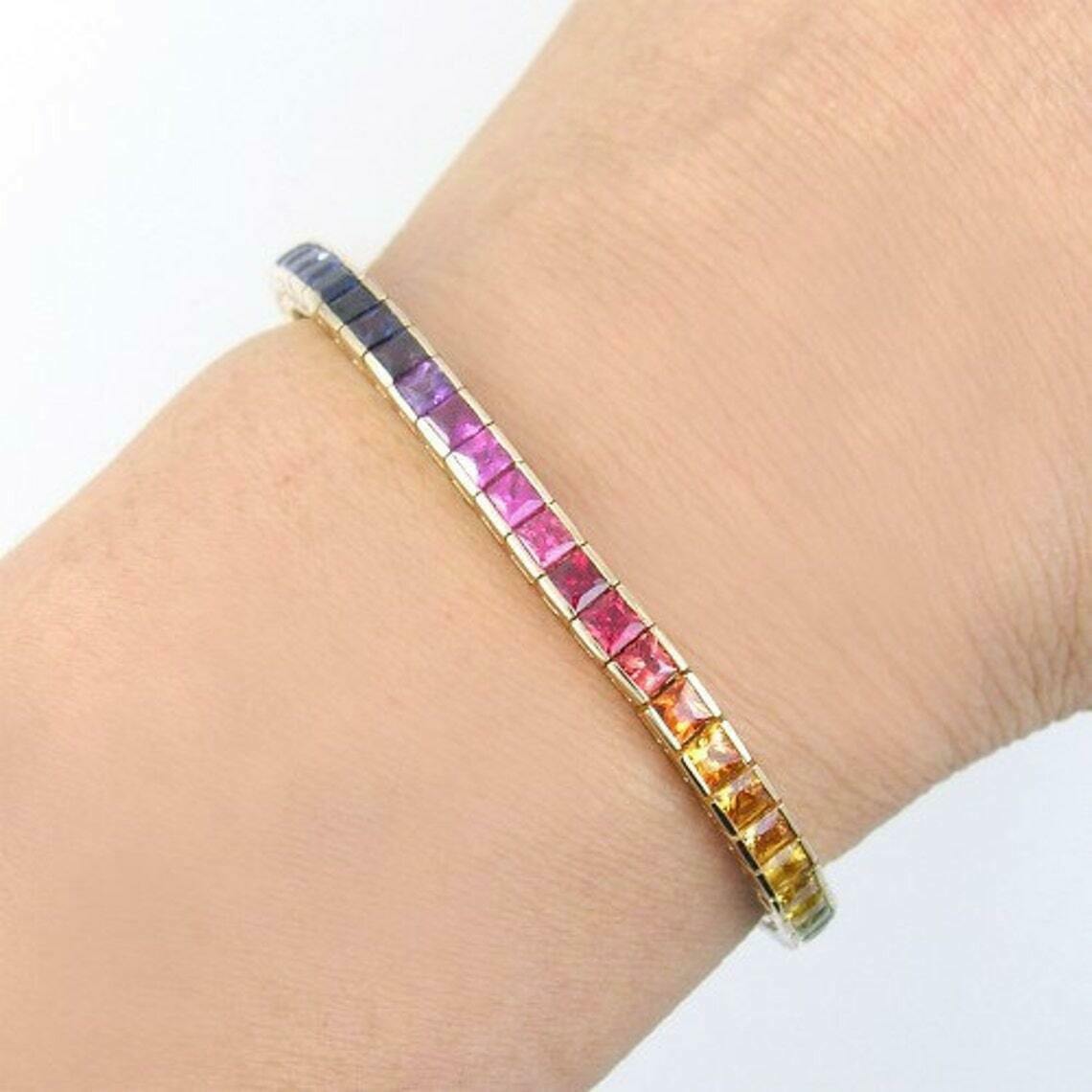Multicolor Rainbow Sapphires Luxury Tennis Bracelet in 925 Silver 7.