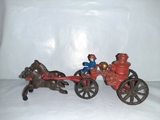 Vtg 1950s Cast Iron Fireman Horse Drawn Fire Engine Pump Wagon 2 Piece Toy