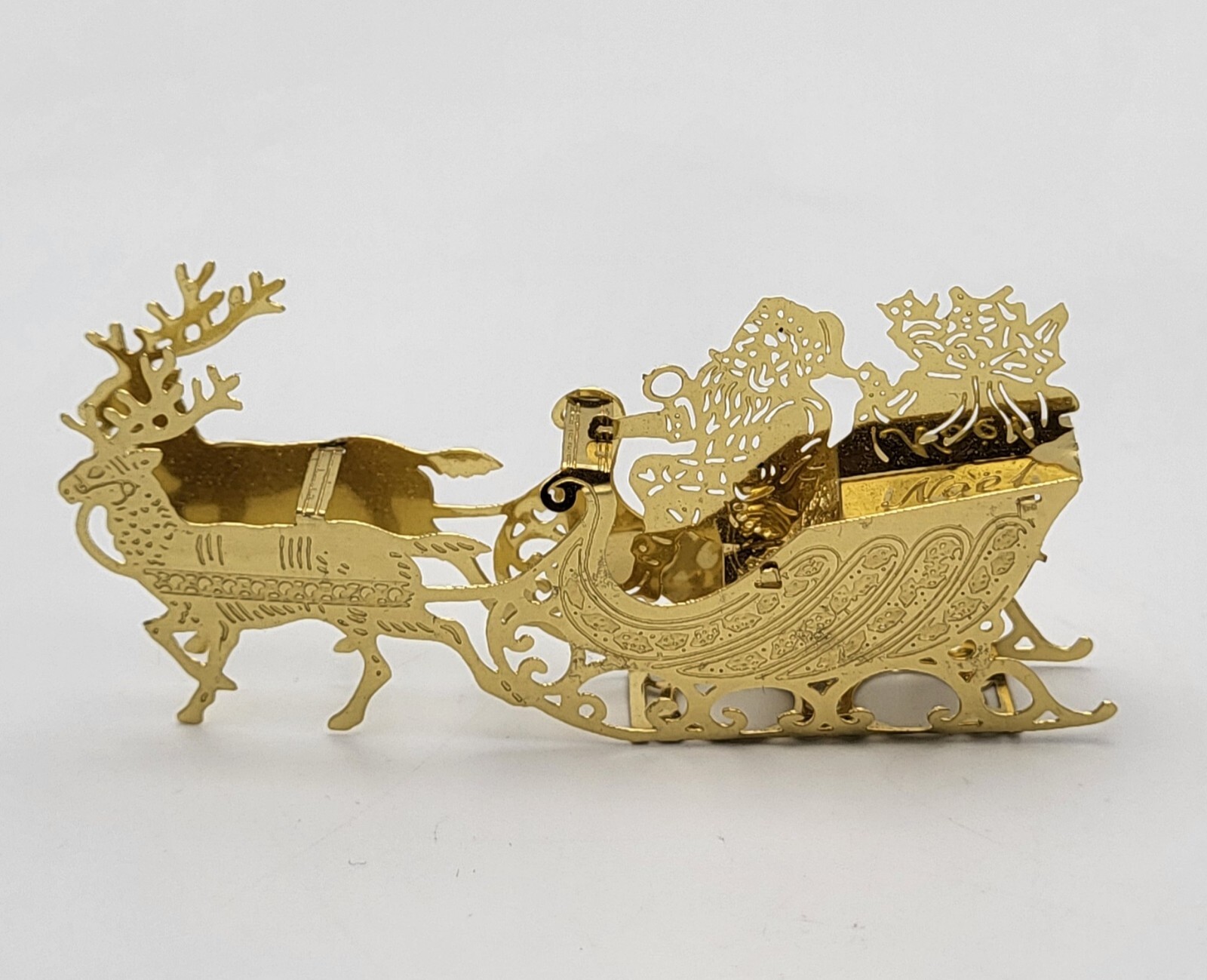 Vtg Christmas Ornament Gold Plated Brass Metal Filigree Santa Sleigh Reindeer