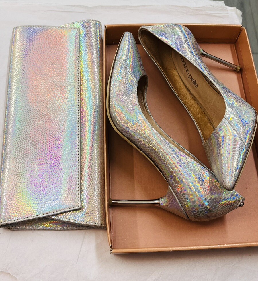 moda in pelle Size Mirror Silver Heels& Matching Clutch Rrp £199