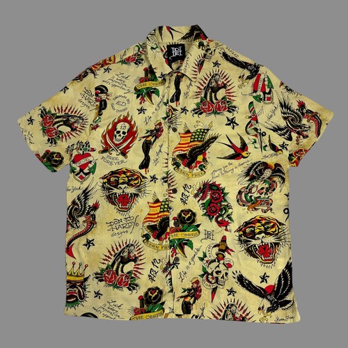 Camicia da uomo Ed Hardy taglia media stampa tatuaggio 100% viscosa manica corta bottoni - Foto 4 di 9