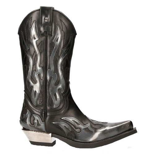 NEW ROCK M-7921-S3 SILVER FLAME BOOTS Black Leather Heavy Biker Western Cowboy - Picture 3 of 8